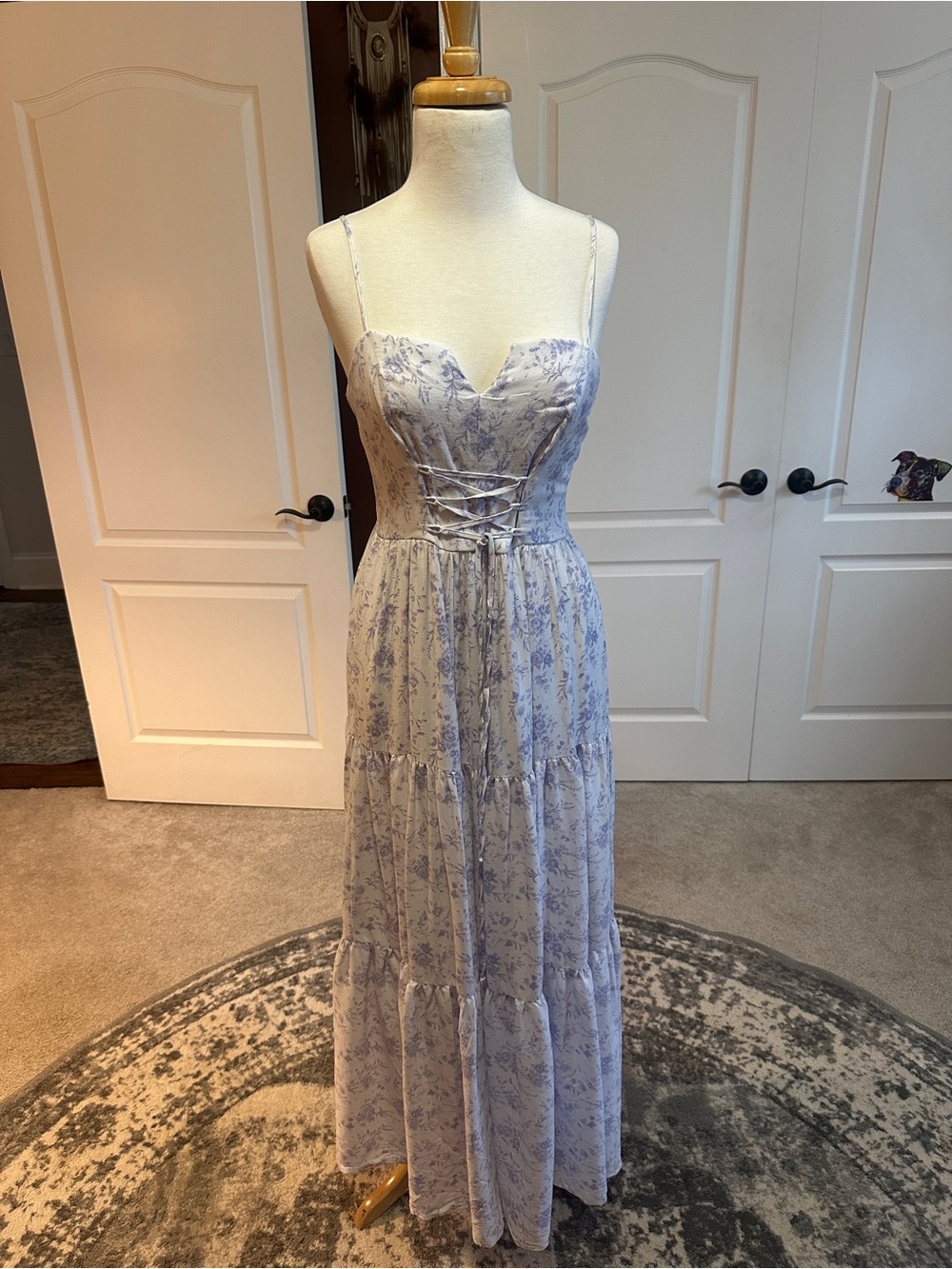 Light Blue Floral Lace-Up Corset Maxi Dress